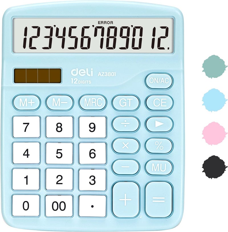 Deli Calculator, Standard Function Desktop Calculators with 12 Digit Large LCD Display and Sensitive Button, Solar Battery Dual Power Office Calculator, Blue - Image 1